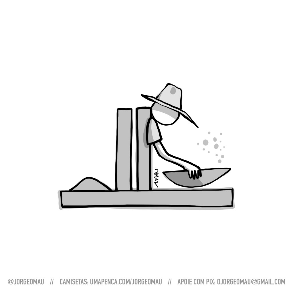 charge - as linhas do prédio do congresso nacional transformam-se num garimpeiro, que está de joelhos usando a peneira. a cúpula faz as vezes dos pés, as torres, das pernas e tronco. Acrescentei ao desenho a cabeça com chapéu é um braço que segura a cúpula invertida, que faz a vez da peneira. O desenho é em preto e branco com linhas minimalistas.