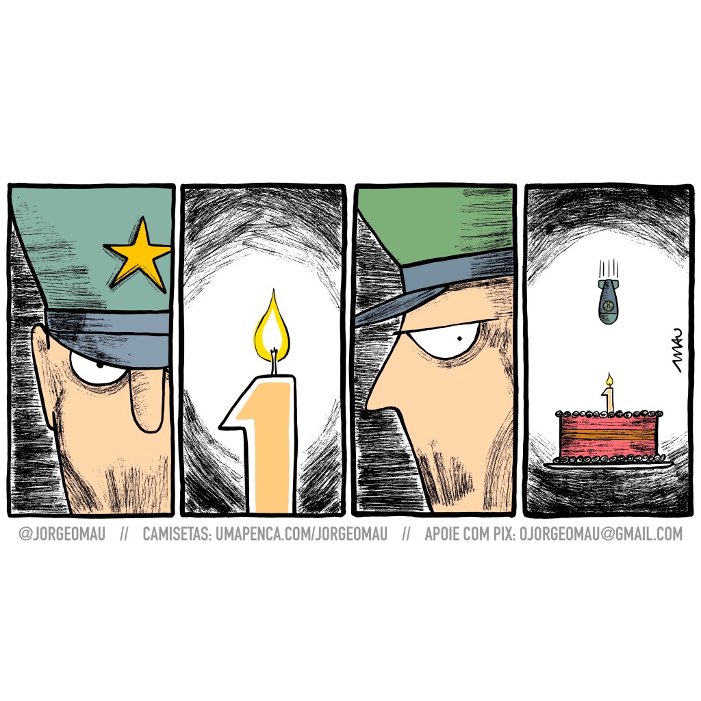 charge em quatro quadros - 1°- close no rosto de um oficial militar, ele olha fixamente para frente. Apena um de seus olhos aparece no close. 2º- close numa vela de bolo acesa, ela tem o formato do número um. 3º- close no rosto de outro oficial militar, ele está de perfil e olha para trás. Também é mal encarado esse. 4º- está lá o bolo, massa vermelha e recheio marrom, decorado no topo e na base, com a vela acesa. Sobre ele vem caindo uma bomba nuclear.