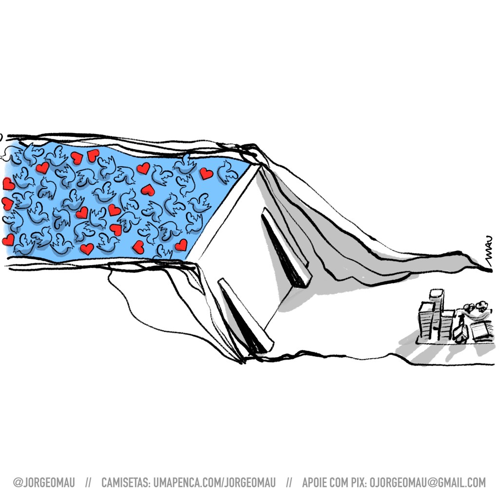 charge - Vista aérea de uma grande represa que domina o desenho, da esquerda para a direita. Duas encostas e um dique represam o fluxo, que no desenho são passarinhos azuis e corações vermelhos. No vale, abaixo da represa, há uma pequena cidade, com prédios, igreja, praça e um mercadão.