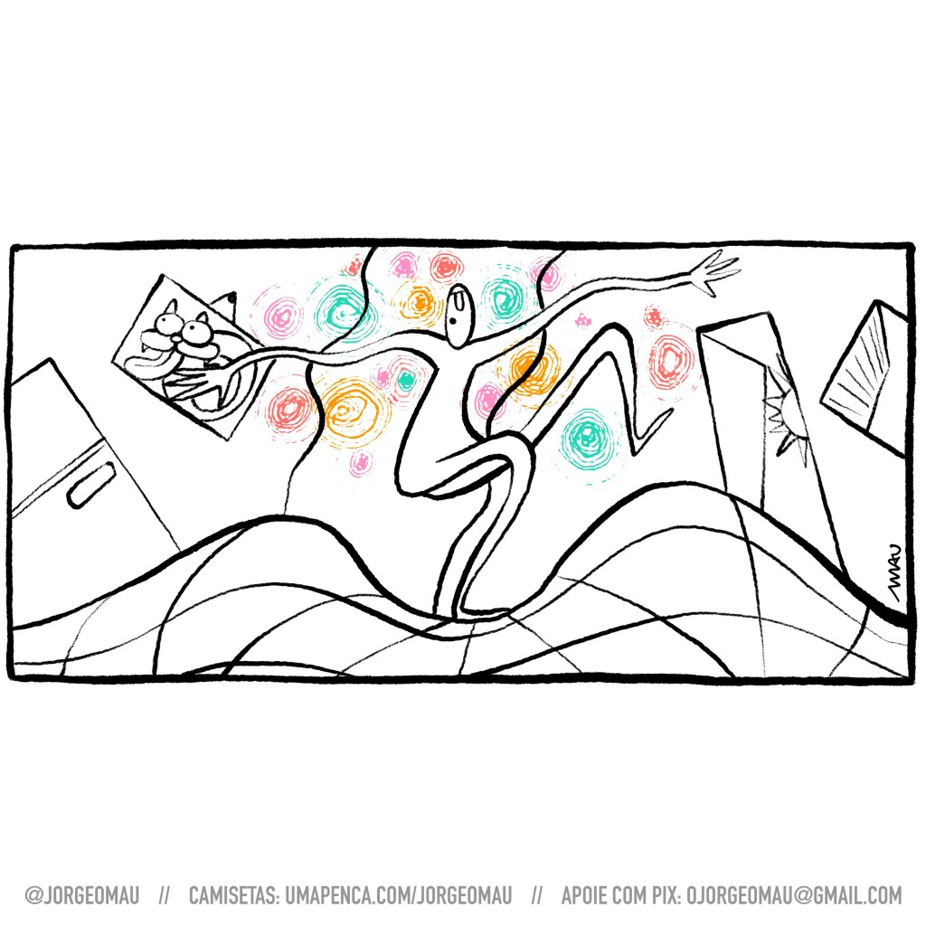 Cartum - um homem careca anda num ambiente todo distorcido, sobre um chão ondulado. Há, na cena, um quadro com um gato, uma porta, uma janela e uma geladeira. O desenho só tem linhas pretas. As cores são pequenos espirais roxos, laranjas, rosas e vermelhos, em volta da cabeça do personagem.