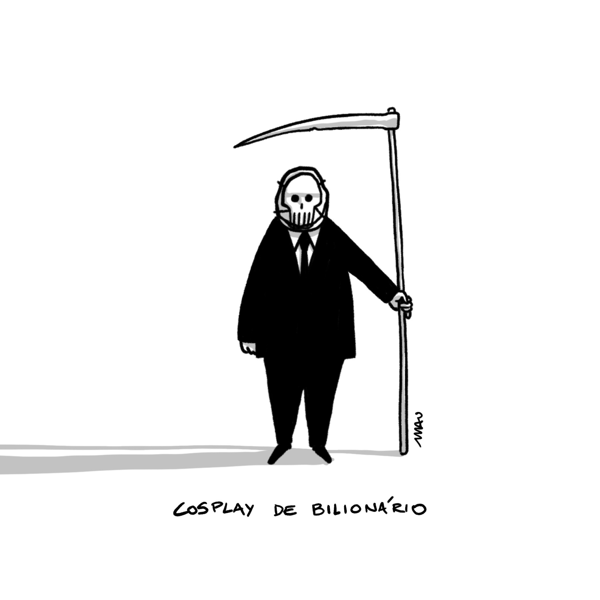 cartum - Um homem de terno escuro está em pé, segurando uma foice de cabo comprido e vestindo uma máscara de caveira. Abaixo a inscrição: cosplay de bilionário.