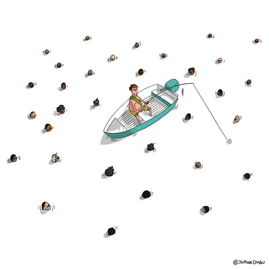 charge - bolsonaro está num pequeno bote, de calção, sem camisa e com a faixa presidencial, pescando. Em volta do bote um monte de pessoas, só a cabeça para fora d’água, o observam.