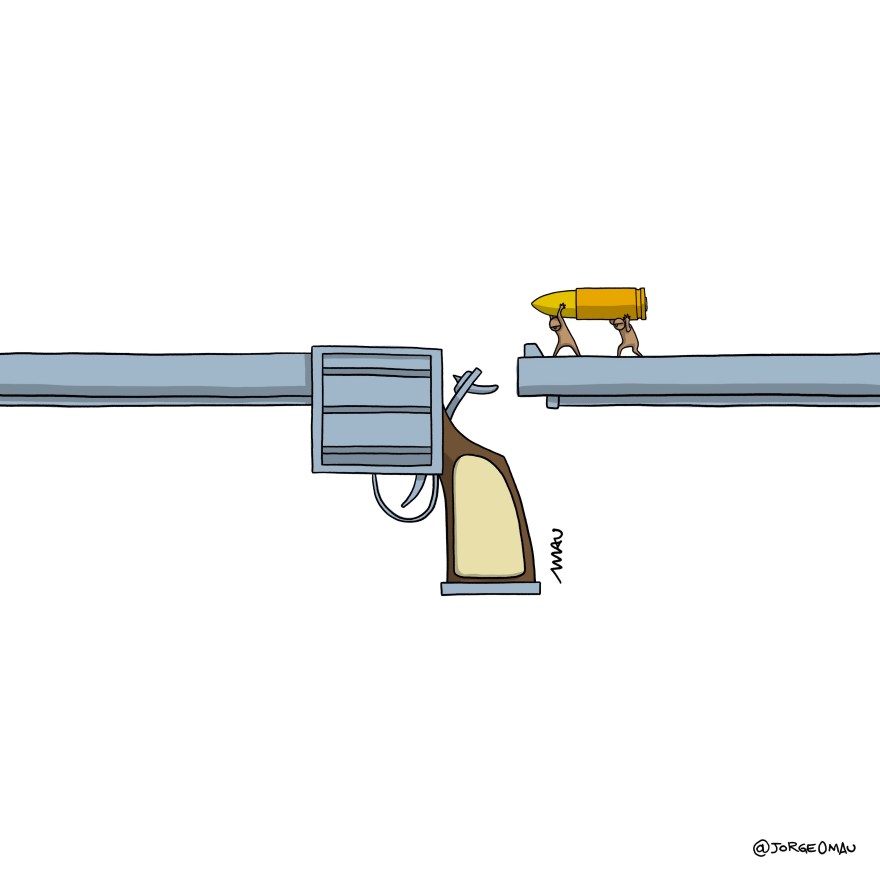 charge - à esquerda há um revólver apontando para a esquerda, se  um cano no entanto reaparece à direita do desenho e está apontando para a própria culatra. Dois pequenos humanóides carregam uma bala por sobre suas cabeças e parecem surpresos por estarem onde estão.