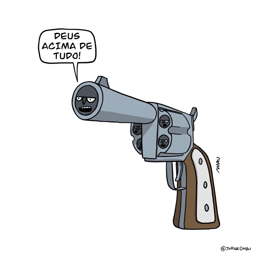 charge - um revólver visto de frente, no cano e em cada compartimento do tambor há rostos raivosos. O que está no cano diz: deus acima de tudo.