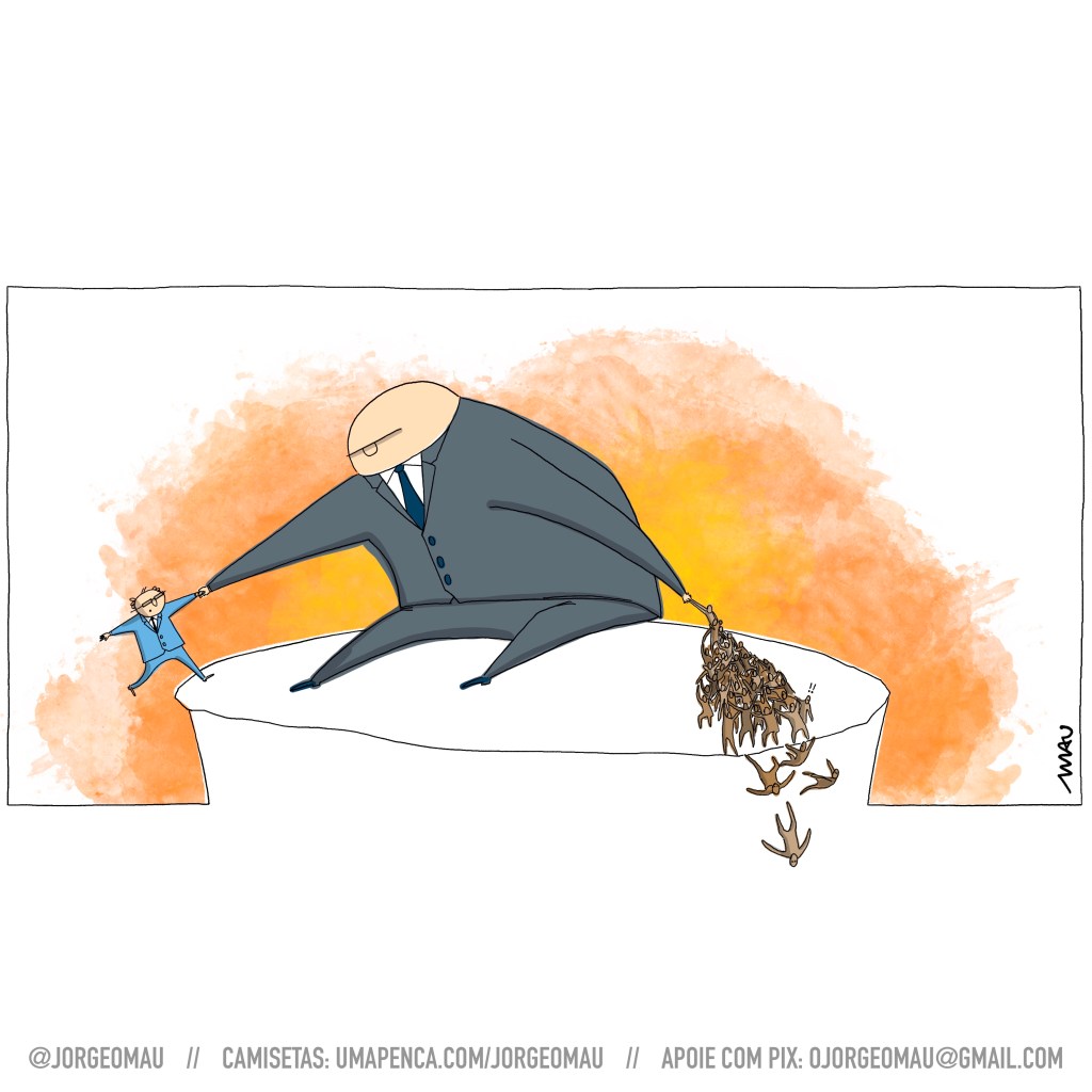 charge - sobre uma plataforma está um gigante, ele é careca e veste terno cinza. com uma das mãos ele segura, pela mão, um homem que também veste terno. Esse último está desequilibrado, apoiando-se com um único pé na plataforma. Com a outra mão, o gigante agarra as minúsculas mãos de um humanoide minúsculo. uma multidão de outros humanoides se agarram a ele tentando libertado e sem ter a intenção, estão ajudando o gigante a salvar o outro. três humanoides estão caindo da plataforma.