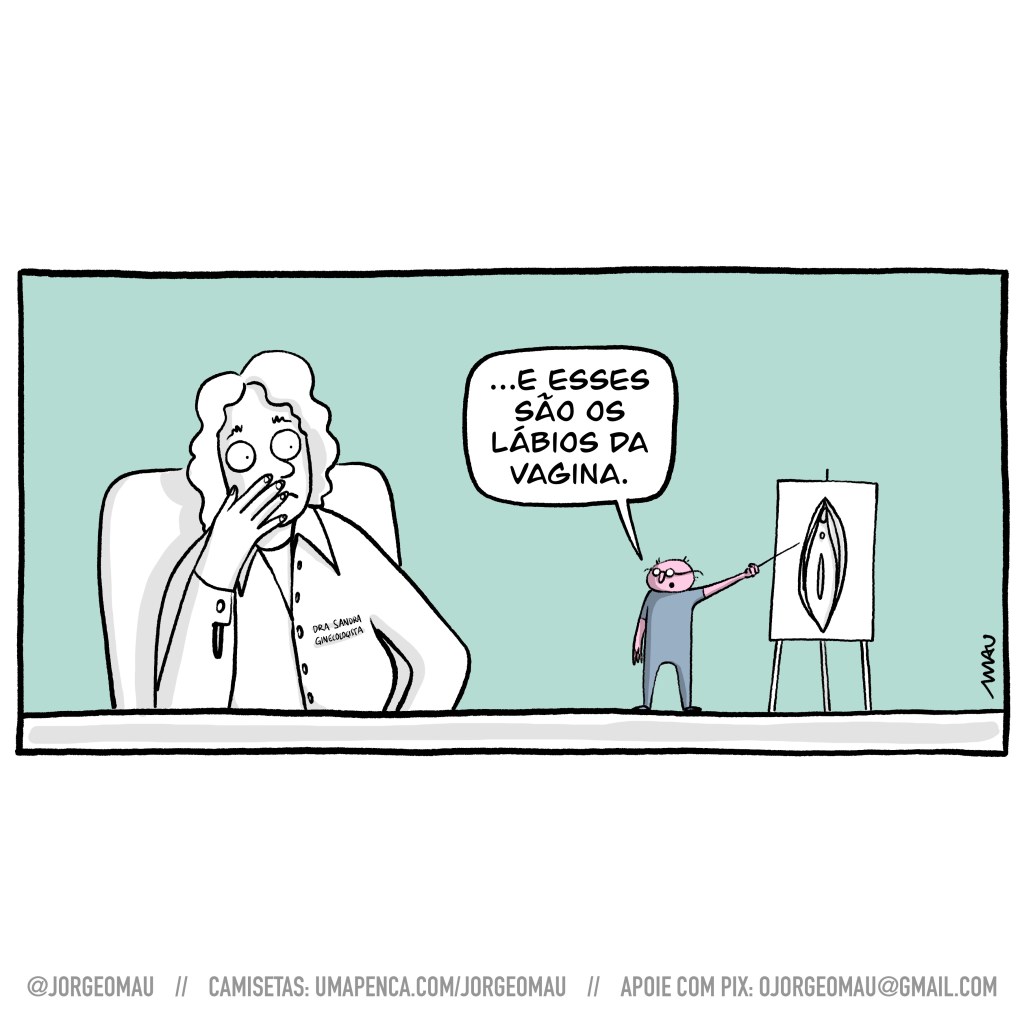 cartum - a doutora sandra, ginecologista, está sentada à sua mesa, olhando incrédula para o pequeno homem rosado, que usa óculos e veste cinza. Ele aponta com uma varinha para o desenho de uma vulva, que está num cavalete, enquanto diz: …e esses são os lábios da vagina.