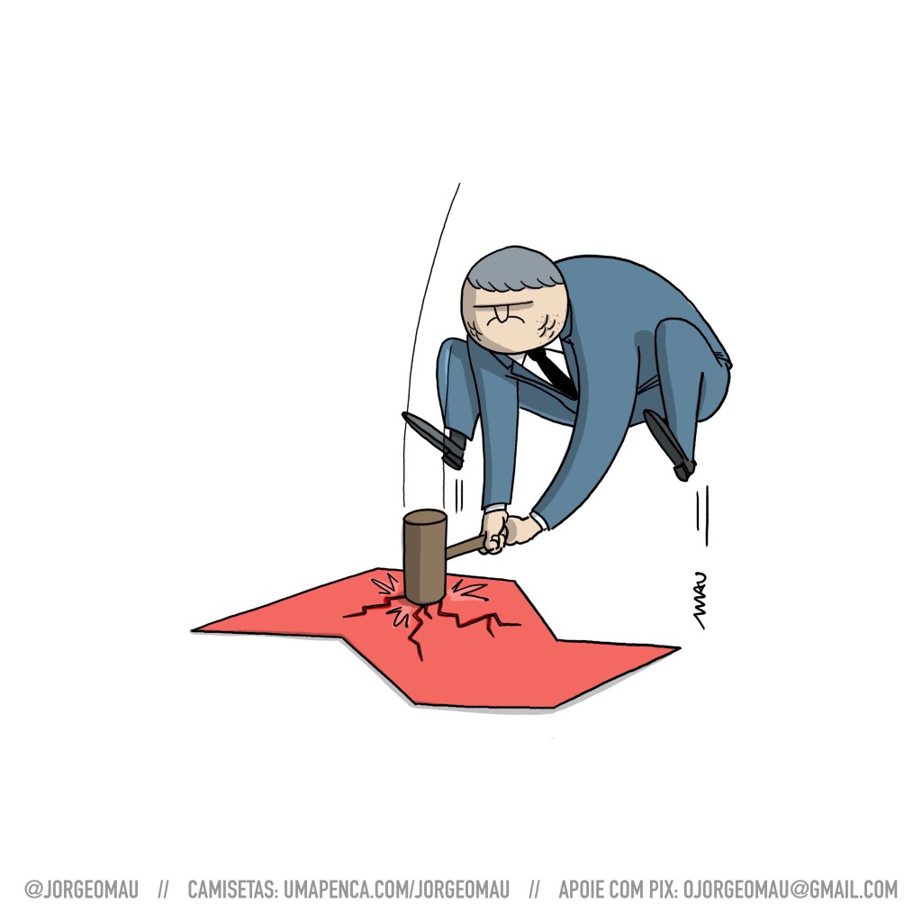 charge - tarcísio, governador de sp, usa uma marreta para bater no mapa de SP. a batida cria rachaduras no mapa. 