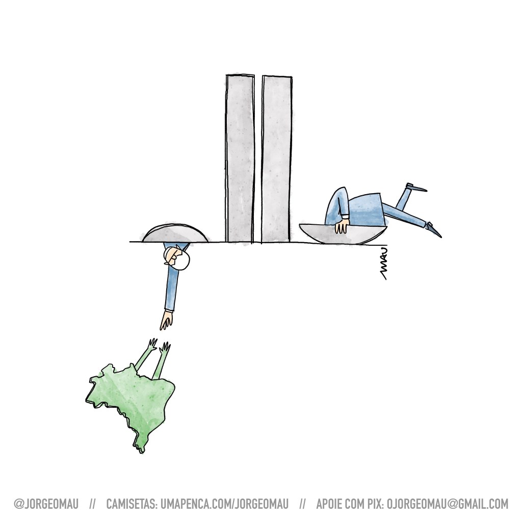 charge - usando a silhueta do congresso, o presidente Lula se enfia na cúpula invertida, como se ela fosse um buraco. Sua cabeça e um dos braços esticado, saem pela parte de baixo da outra cúpula e tentam resgatar o Brasil, representado por um mapa, que tem dois braços esticados para cima tentando alcançar a mão do presidente.