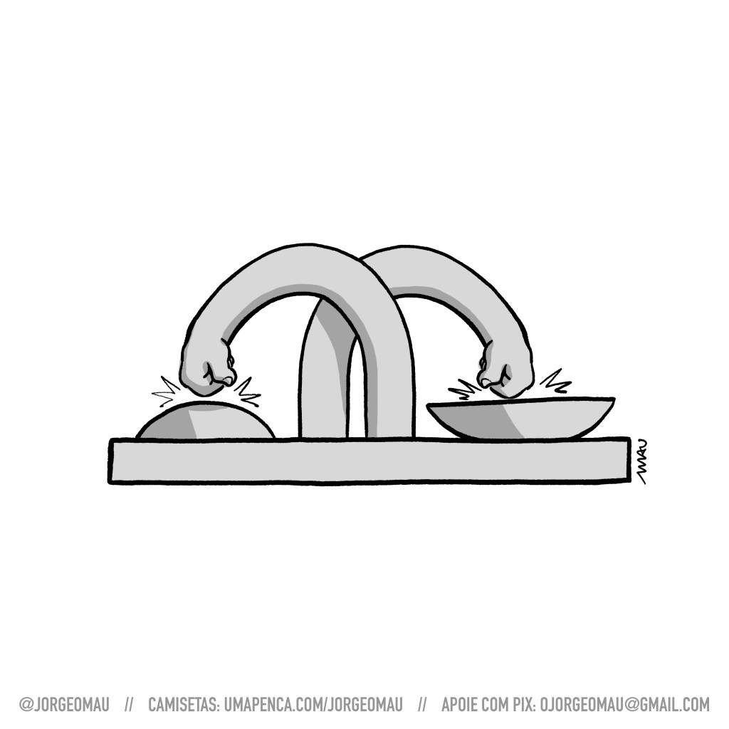 charge - As duas torres do congresso nacional viram dois braços que esmurram, cruzando-se, as cúpulas do senado e da câmara.