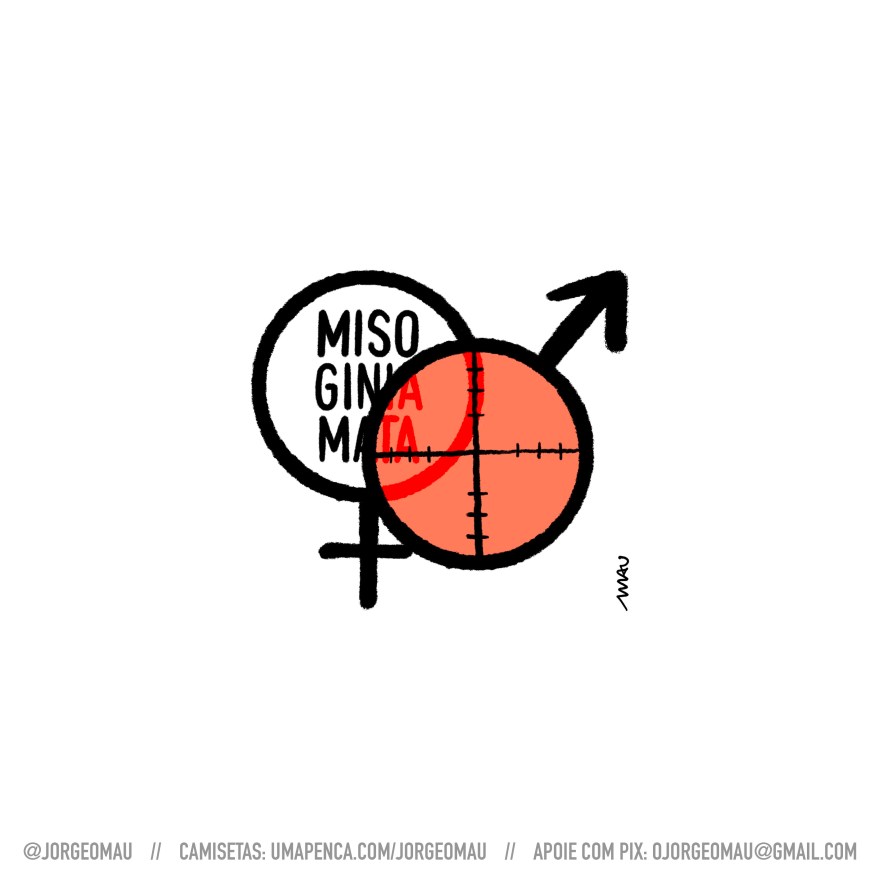 charge - Os símbolos do masculino e feminino estão parcialmente sobrepostos, o masculino sobre o feminino. O feminino acima e à esquerda e o masculino abaixo à direita. O círculo do símbolo masculino tem uma mira com lente vermelha e no feminino o texto: misoginia mata, empilhado em três linhas, com a palavra misoginia dividida.