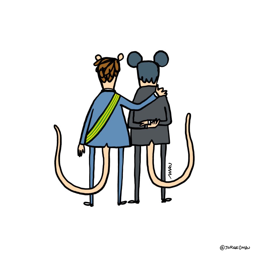 charge - jair e serjo estão de costas. serjo está com as mãos atrás das costas e jair tem uma das mãos em seu ombro. os dois estão de terno e jair usa também a faixa presidencial. os dois tem orelhas e rabo de rato.