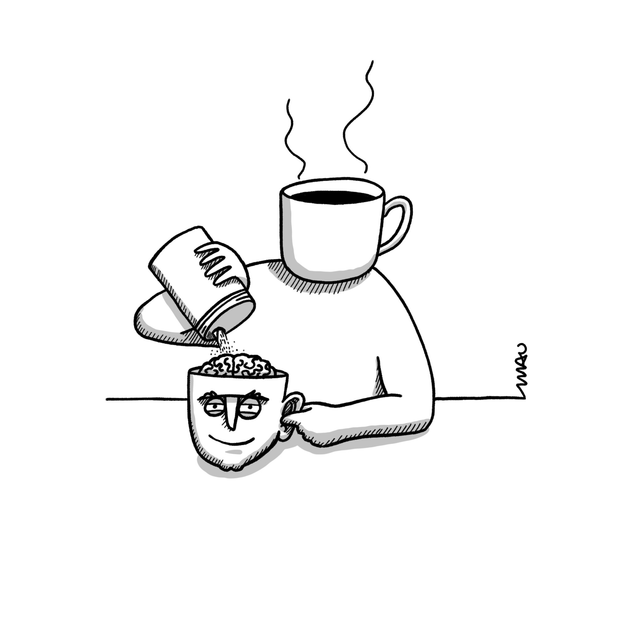 Cartum - Um homem com uma xícara de café no lugar da cabeça, coloca açúcar no cérebro de uma cabeça aberta, enquanto a segura pela orelha.