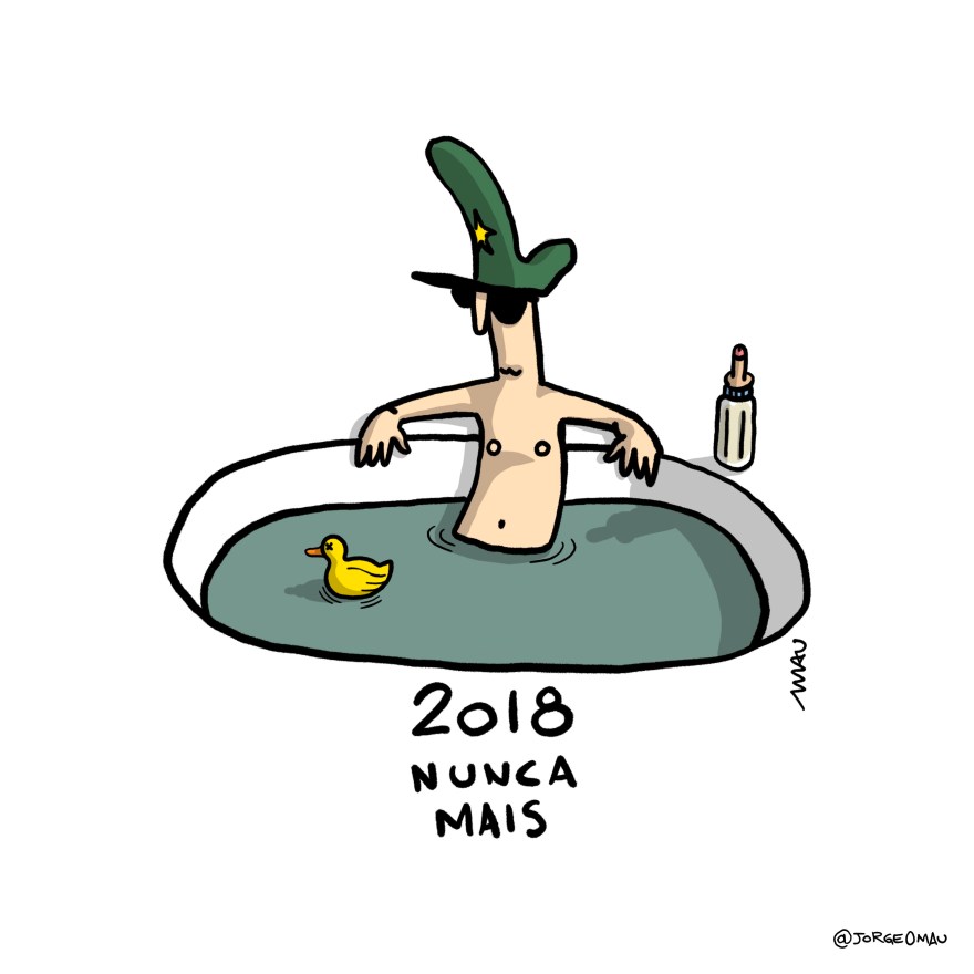 charge - Dentro de uma pequena piscina está um general, sentado, vestindo quepe e sem camisa. Na borda da piscina, uma mamadeira de piroca e boiando na água uma miniatura do pato da FIESP, amarelo e com um “x” no lugar de cada olho. Abaixo do desenho o texto: 2018 nunca mais.