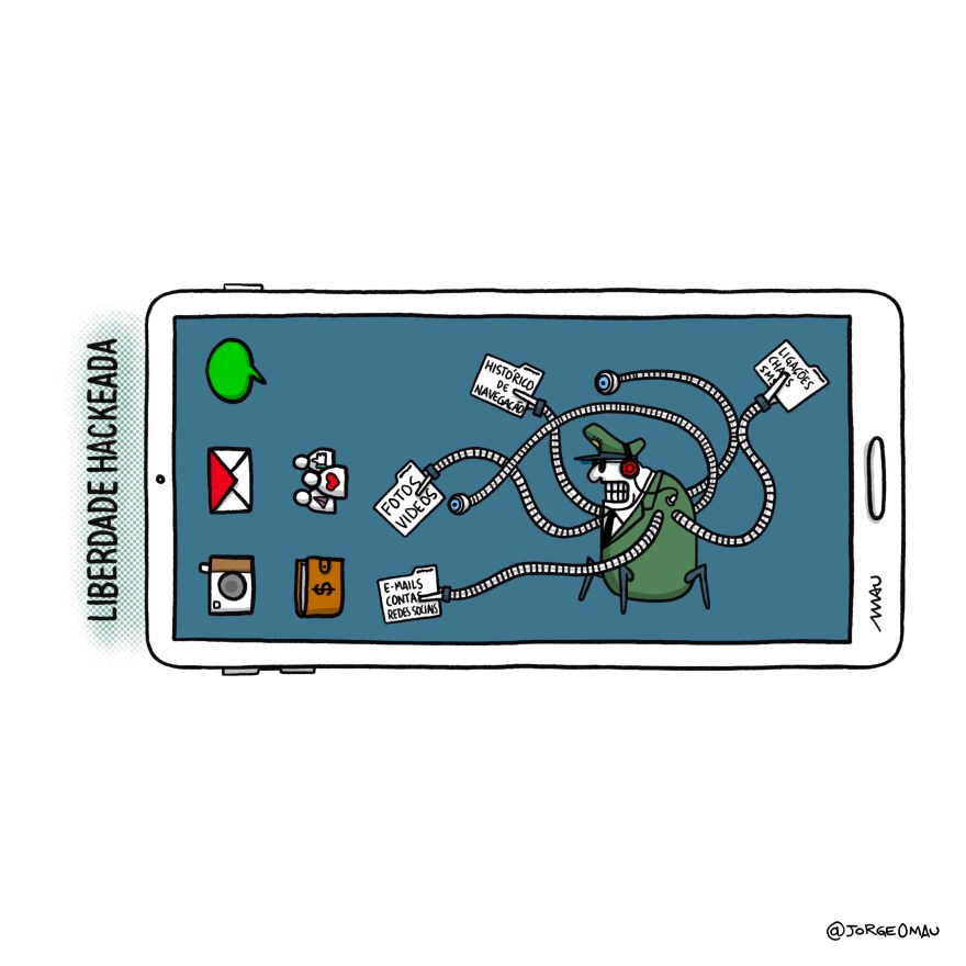 charge - o título “liberdade hackeada” está do lado esquerdo, escrito de baixo pra cima. ao lado há um celular com a tela acesa, que está de lado, ocupando horizontalmente o desenho. Se vê alguns ícones: uma máquina fotográfica, um envelope carta, um balão de mensagem, uma carteira e um ícone de redes sociais. dominando parte da tela há um general, com quatro pernas robóticas e seis braços flexíveis, quatro com garras nas pontas e dois com olhos biônicos. os braços estão pegando pastas de arquivos: e-mails, contas, redes sociais, fotos, vídeos, histórico de navegação, ligações, chats e sms. ele também usa um fone de ouvido, por cima do quepe, conectado ao próprio corpo.