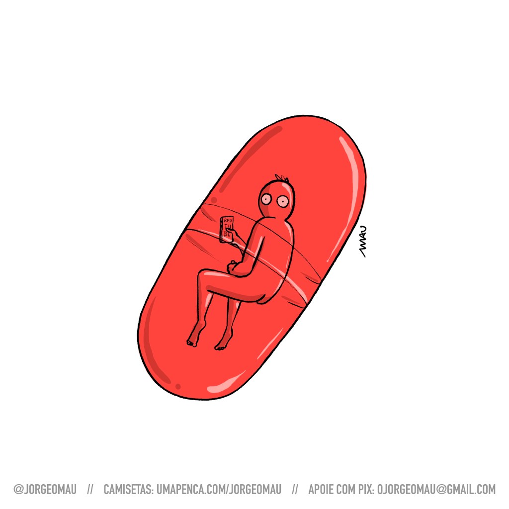 charge - Dentro de uma pílula vermelha, está um garoto se masturbando, segurando um celular onde se lê “red tube”. Ele está com os olhos arregalados de quem foi pego no flagra.