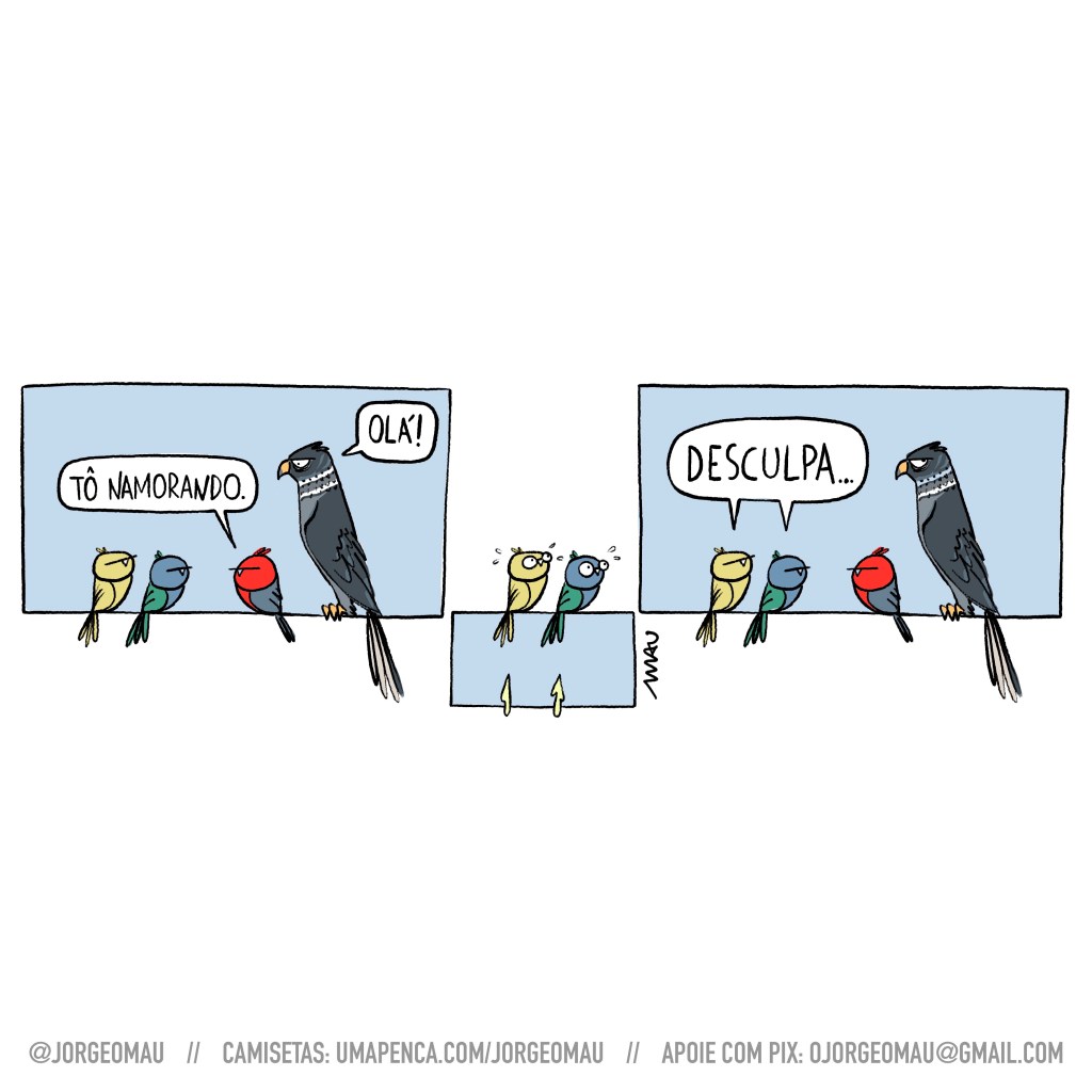 tirinha em três quadros - 1° quadro, dois passarinhos, um amarelo e um esverdeado, ouvem a notícia de um passarinho vermelho: tô namorando. Atrás dele está pousado um gavião. 2° quadro, os dois passarinhos estão de olhos arregalados, após constatar a presença do predador. Com o susto eles se cagam, sua obra estrapola os limites do quadrinho. 3° quadro, envergonhados dizem em uníssono: desculpa. o gavião tem o olhar de quem não acredita ter visto a cena.