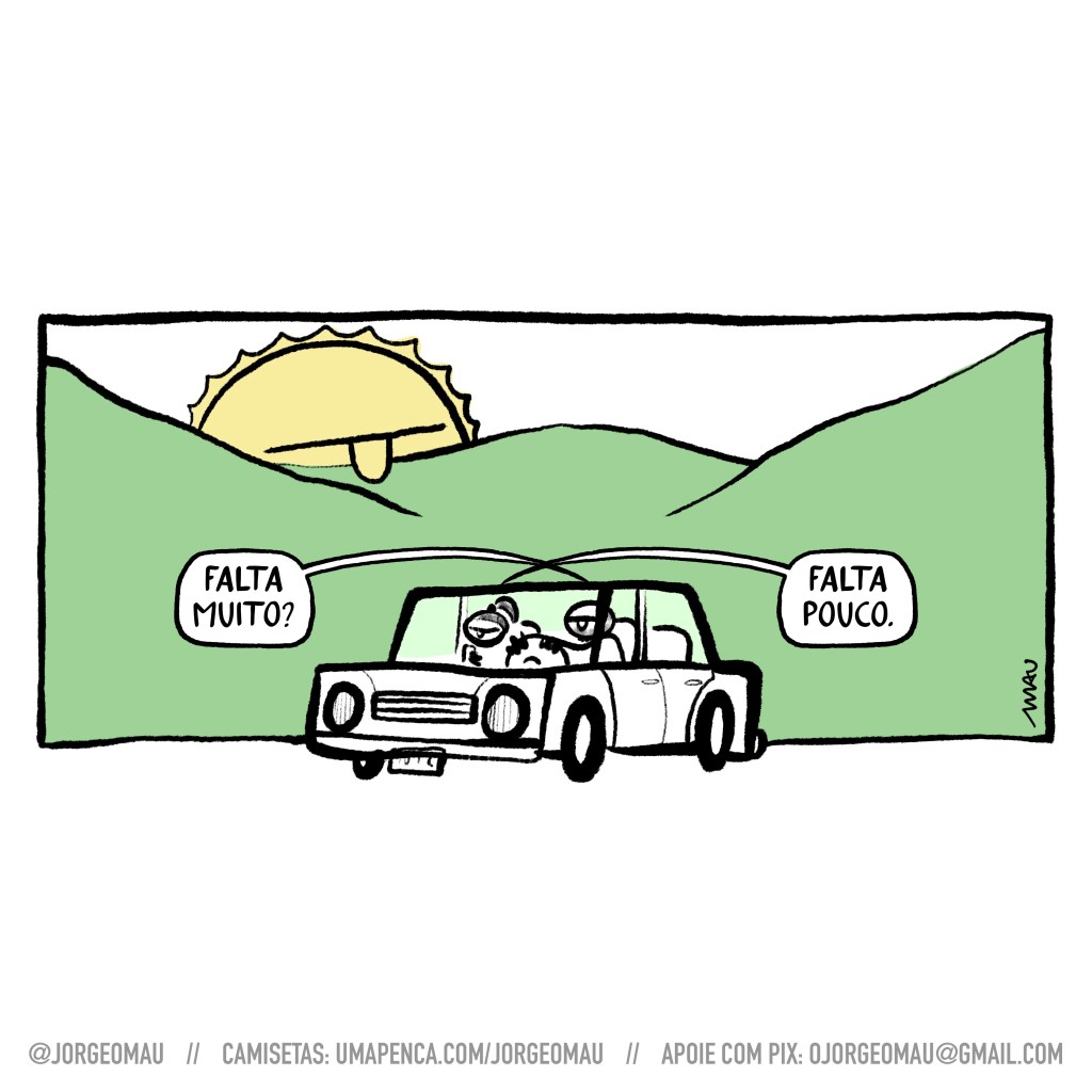 cartum - Passando de carro por uma paisagem montanhosa, um casal conversa. Ele está dirigindo e pergunta: falta muito? Ela está ao celular e responde: falta pouco. O sol se põe atrás das montanhas, ele tem rosto e seu nariz está sobreposto à uma delas.