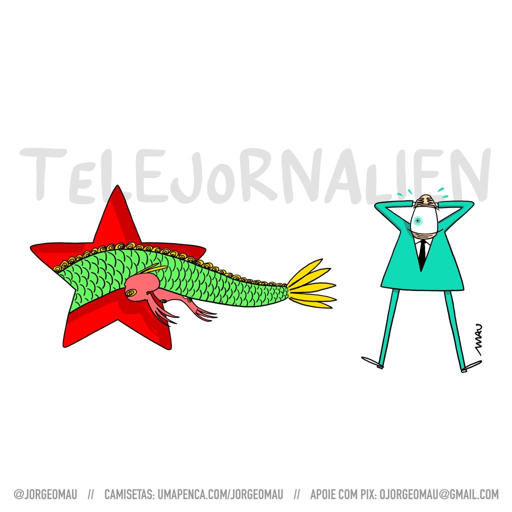 charge - o âncora de um olho só do telefornalien, em seu terno verde-água, leva as mãos à cabeça, desesperado, enquanto vê um dragão chinês entrando em uma estrela vermelha. No fundo do desenho se lê: telejornalien.