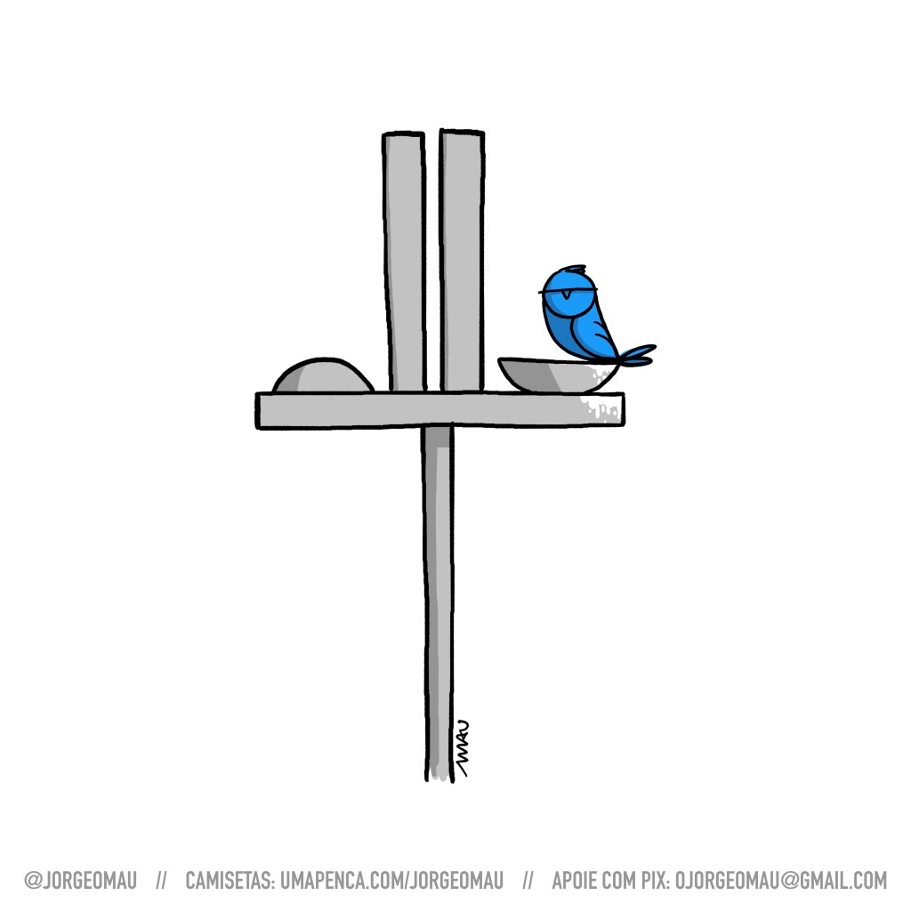 charge - num poleiro com o formato do congresso nacional, um passarinho azul está pousado sobre a cúpula invertida e é possível ver que está todo cagado o poleiro.