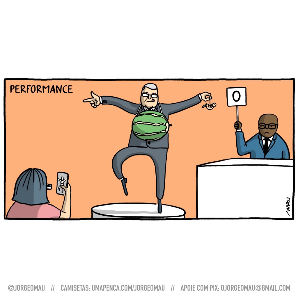 charge - Sobre uma plataforma circular está o eduardo girão, vestindo terno, sobre a ponta de um dos pés, braços abertos, mordendo a língua, concentrado. No pescoço, uma melancia pendurada, numa das mãos, um feto pendurado pelo cordão umbilical. Á sua esquerda, damares filma a cena com um celular, e à sua direita, um incrédulo silvio almeida, ministro dos direitos humanos, levanta uma placa com o número zero.