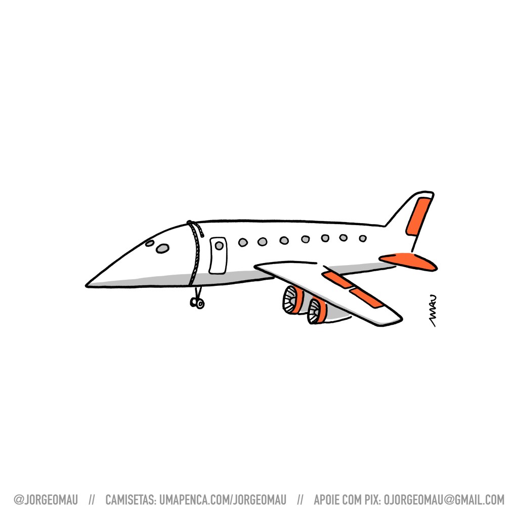 charge - um avião de passageiros, branco com detalhes em laranja. O bico do avião e o cockpit tem o formato de um capuz da ku klux klan.