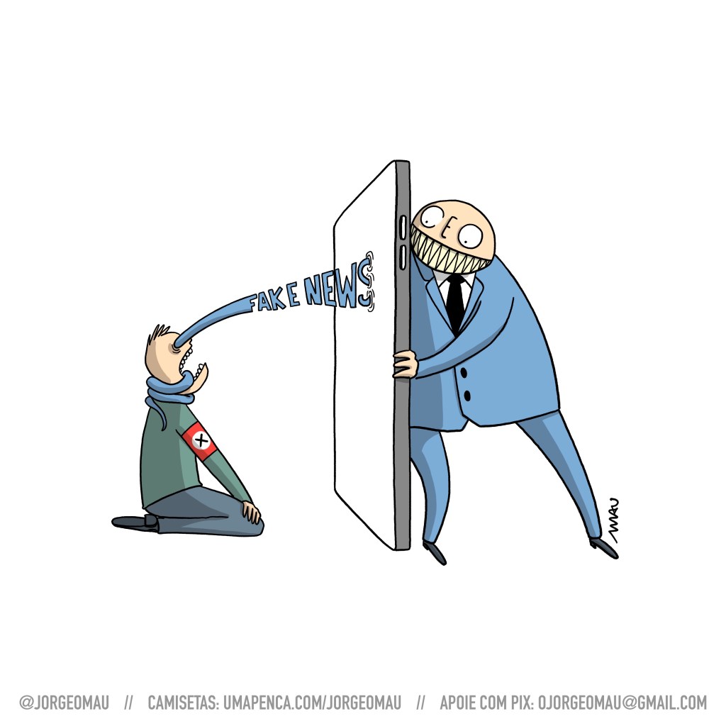 charge - um garoto está ajoelhado, com a boca escancarada. Ele usa uma faixa vermelha, com um x dentro de um círculo branco, no braço. A sua frente há um grande aparelho celular por onde sai um tentáculo onde se lê a expressão “fake news”. Esse tentáculo entre pelo olho do garoto, sai pela boca e se enrola em seu pescoço. Do outro lado do celular, está um ser vestindo terno, com um sorriso ameaçador. Seus olhos e nariz formam a sigla “CEO”. Ele está com um dos braços mergulhado no aparelho e esse braço é o tentáculo que agarra o garoto.