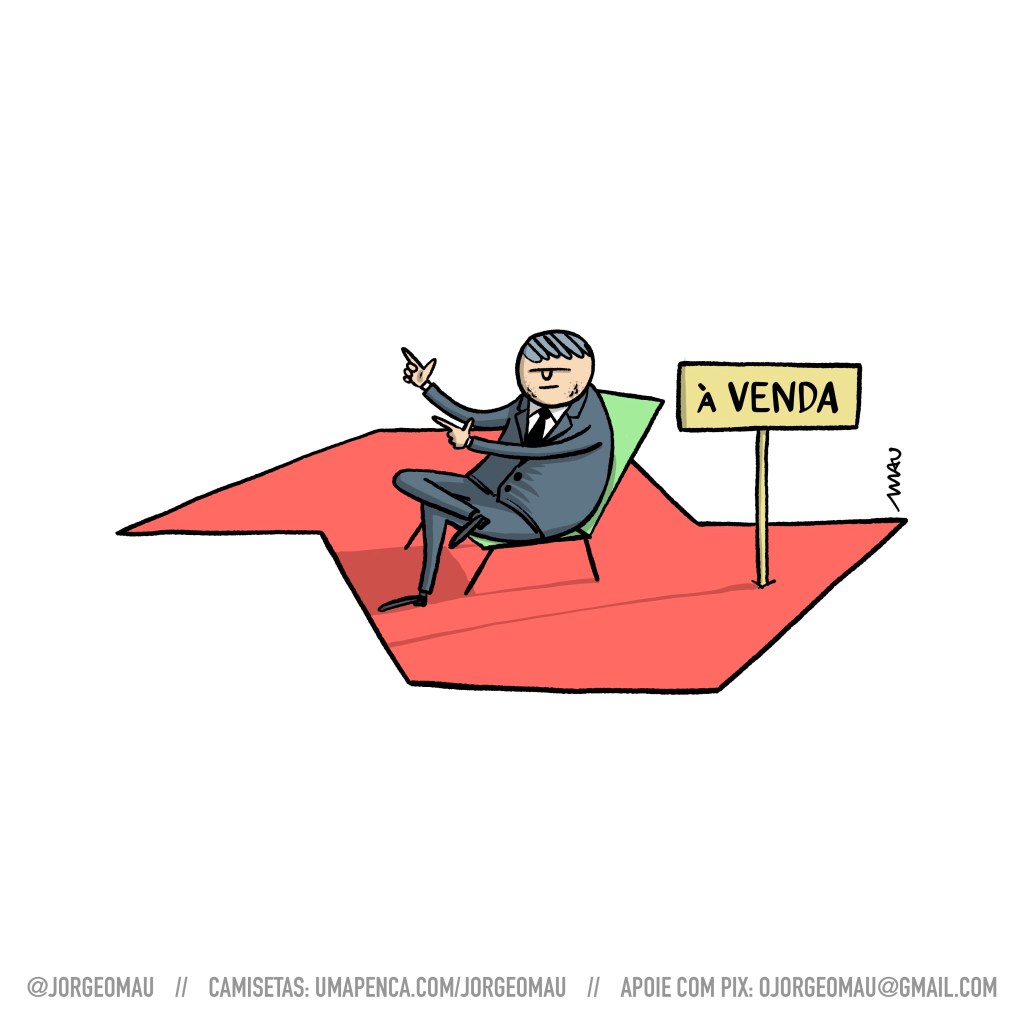 charge - sobre o mapa vermelho e estilizado do estado de São Paulo, está tarciso, sentado numa cadeira, de pernas cruzadas e fazendo arminha com as duas mãos. ao seu lado, fincada no mapa está uma placa onde se lê: à venda.