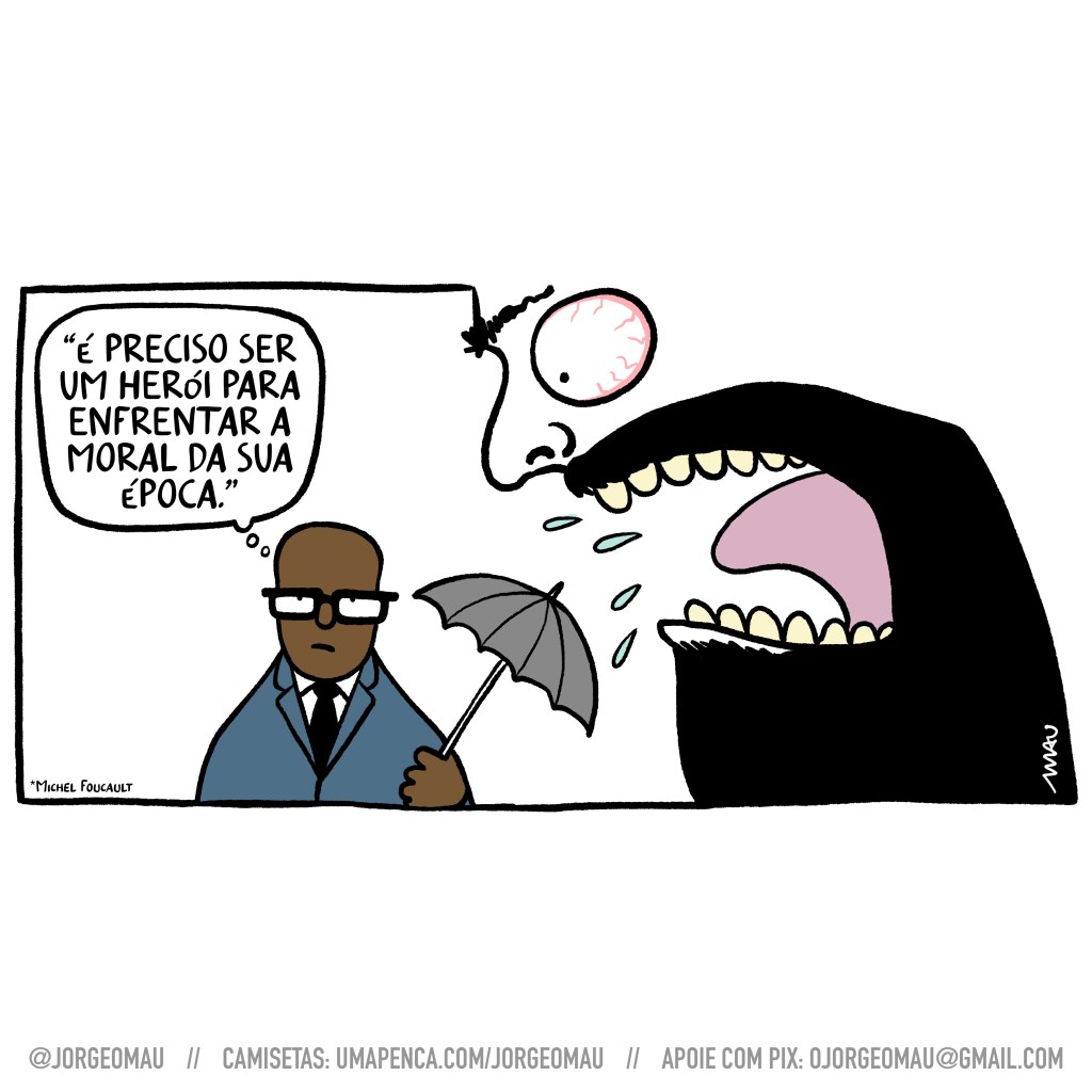 charge - Silvio Almeida está pensativo enquanto segura um pequeno guarda-chuva para proteger-se da chuva que sai da boca raivosa de uma enorme cabeça barbada. Ele pensa numa frase de Foucault: é preciso ser herói para enfrentar a moral da sua época.