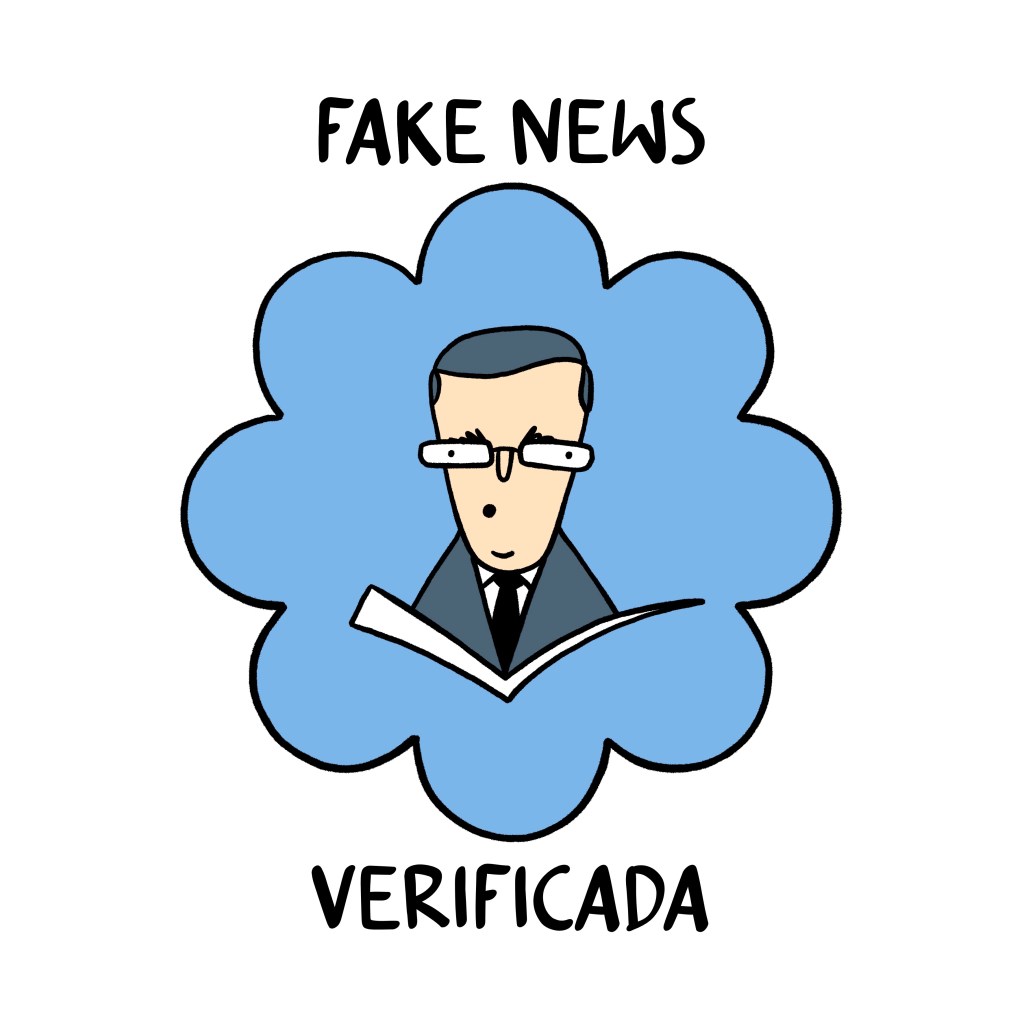 charge - sob o título “fake news verificada”, o selo azul do twitter com uma caricatura do deltinha no centro.