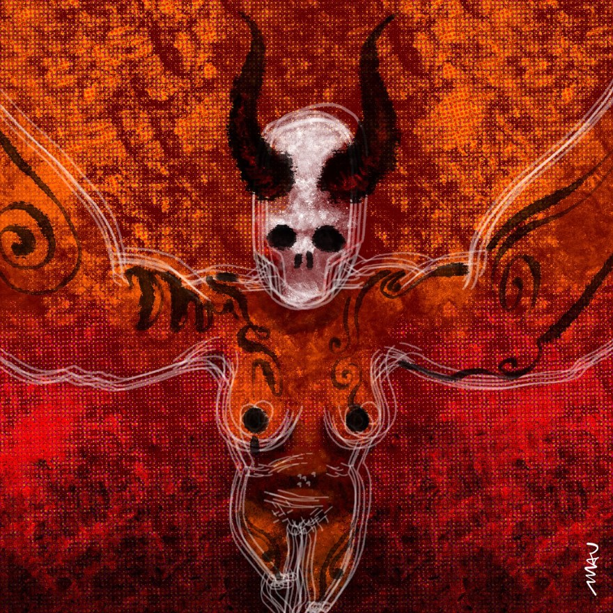 ilustração - mulher nua, com cabeça de caveira com chifres, faz uma selfie com os braços esticados para cima, enquadrando quase todo o seu corpo tatuado. O desenho é feito em preto e tons de vermelho e laranja.