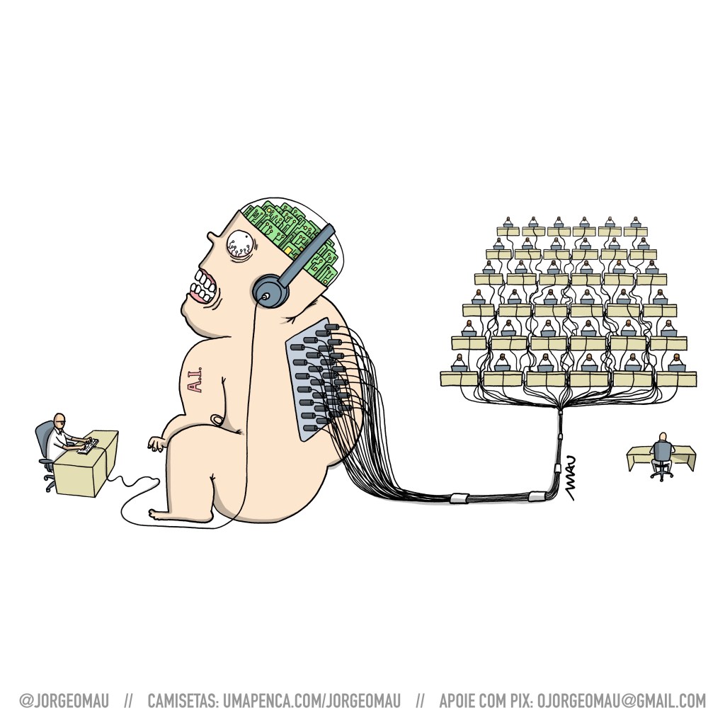 charge - um homem está sentado à mesa, digitando em um teclado. O teclado está conectado ao fone de ouvido de uma criança gigante, que está sentada e tem a sigla “A.I.” impressa no braço e o topo da cabeça transparente. Dá pra ver vários chips eletrônicos no lugar do cérebro. Nas costas da criança há um painel com vários fios plugados, que estão ligados há vários terminais operados por pessoas negras. Em frente aos terminais, de costas, há um gerente sentado à sua mesa.