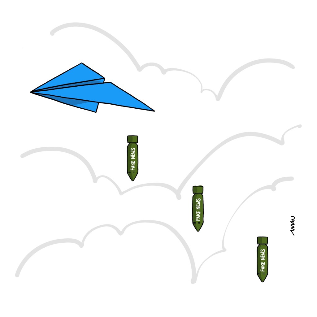 charge - Entre nuvens está o aviãozinho de papel azul do telegram. Ele solta bombas que estão identificadas como fake news.