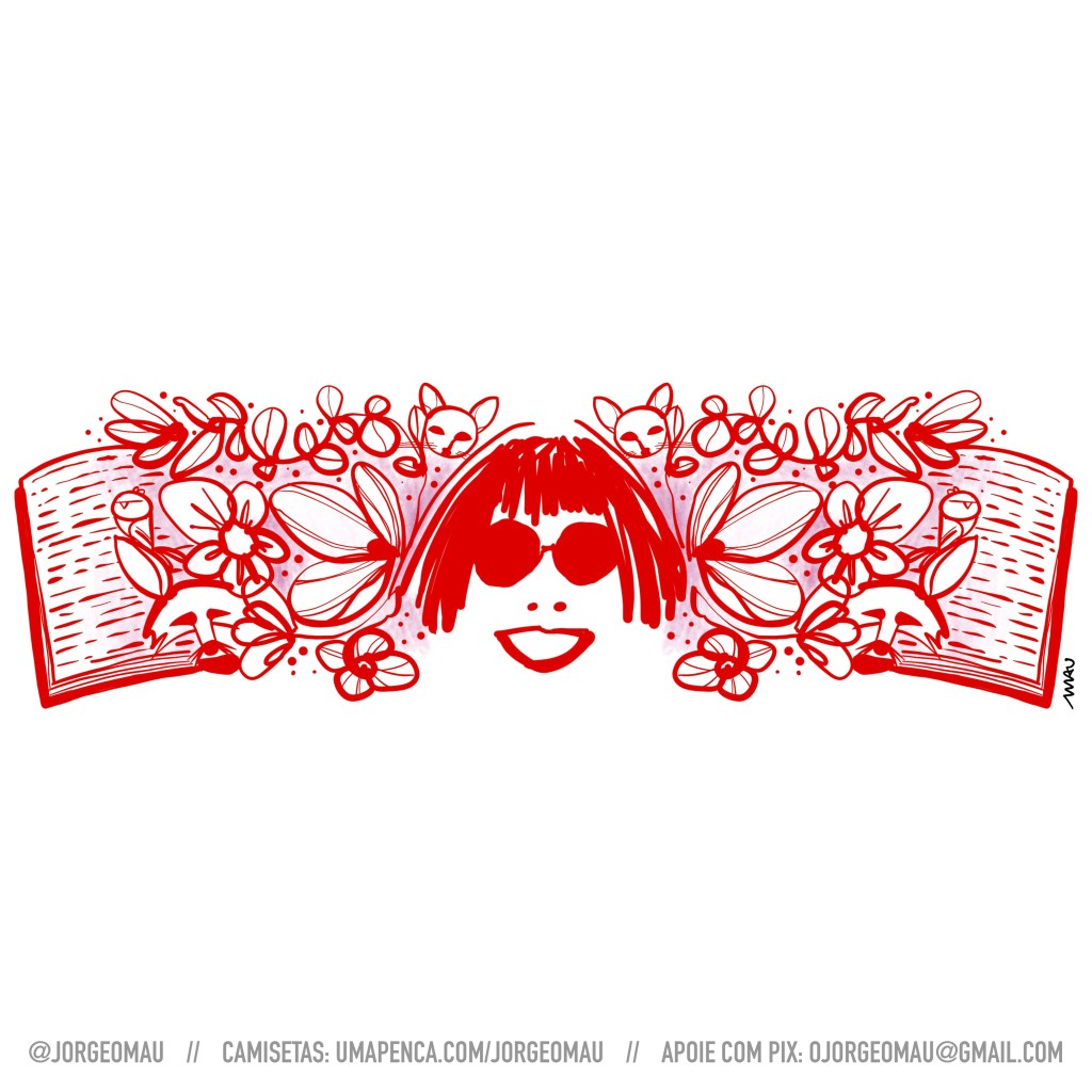 Ilustração - um esboço minimalista do rosto da Rita Lee está no centro do desenho. Ele está cercado por um arranjo simétrico de flores, folhagem, bichos e livros. O desenho é feito com linhas e sombras em tons de vermelho.