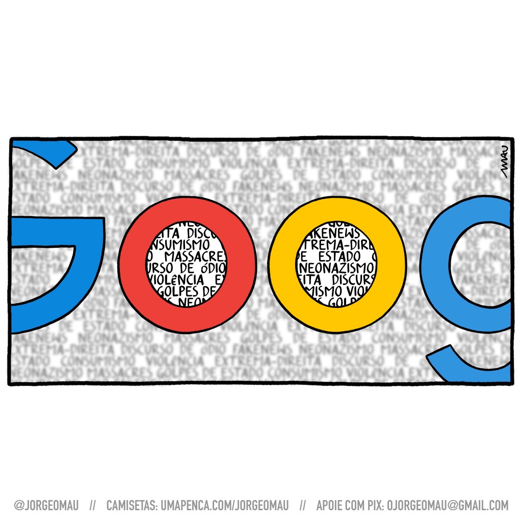 charge - As duas letras “o” do logo do Google estão enquadraras no desenho. Dá pra ver parte dos dois gês que as cercam. Há um texto desfocado ao fundo que entram no foco nos “óculos” formados pelas letras “o”. É possível ler: neonazismo, extrema-direita, golpe, violência e discurso de ódio.