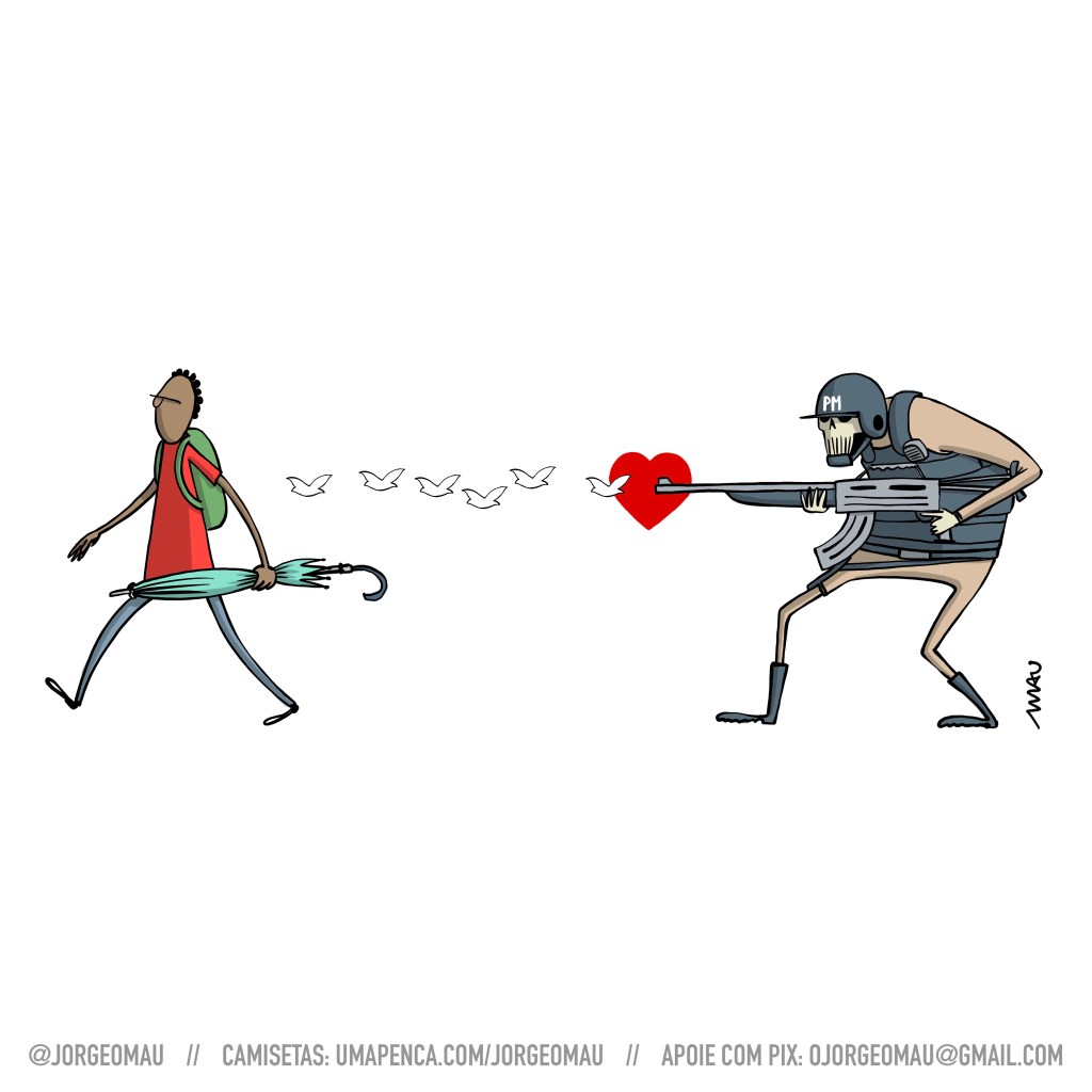 charge - um homem negro caminha tranquilamente, com uma mochila nas costas e um guarda chuva na mão. Atrás dele um policial, vestindo capacete e colete à prova de balas, atira em sua direção com um fuzil. O policial tem cara de caveira e na ponta do cano do fuzil há um coração vermelho que faz a vez da explosão do disparo e as balas são pombas brancas.