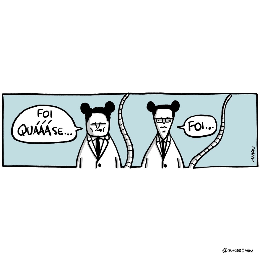 serjo moro e deltinha estão conversando, eles tem orelhas e rabos de rato. serjo diz: foi quáááse… deltinha responde: foi…