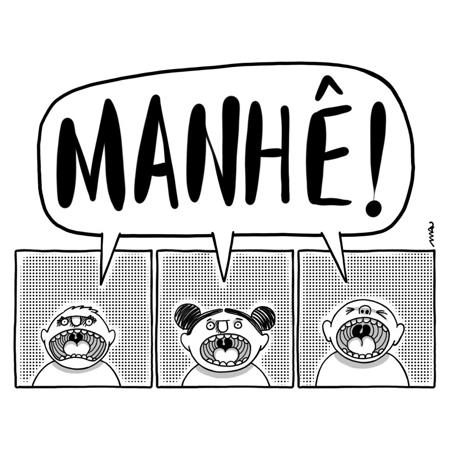 cartum - três crianças, dois meninos e uma menina no centro. Elas gritam: manhê!