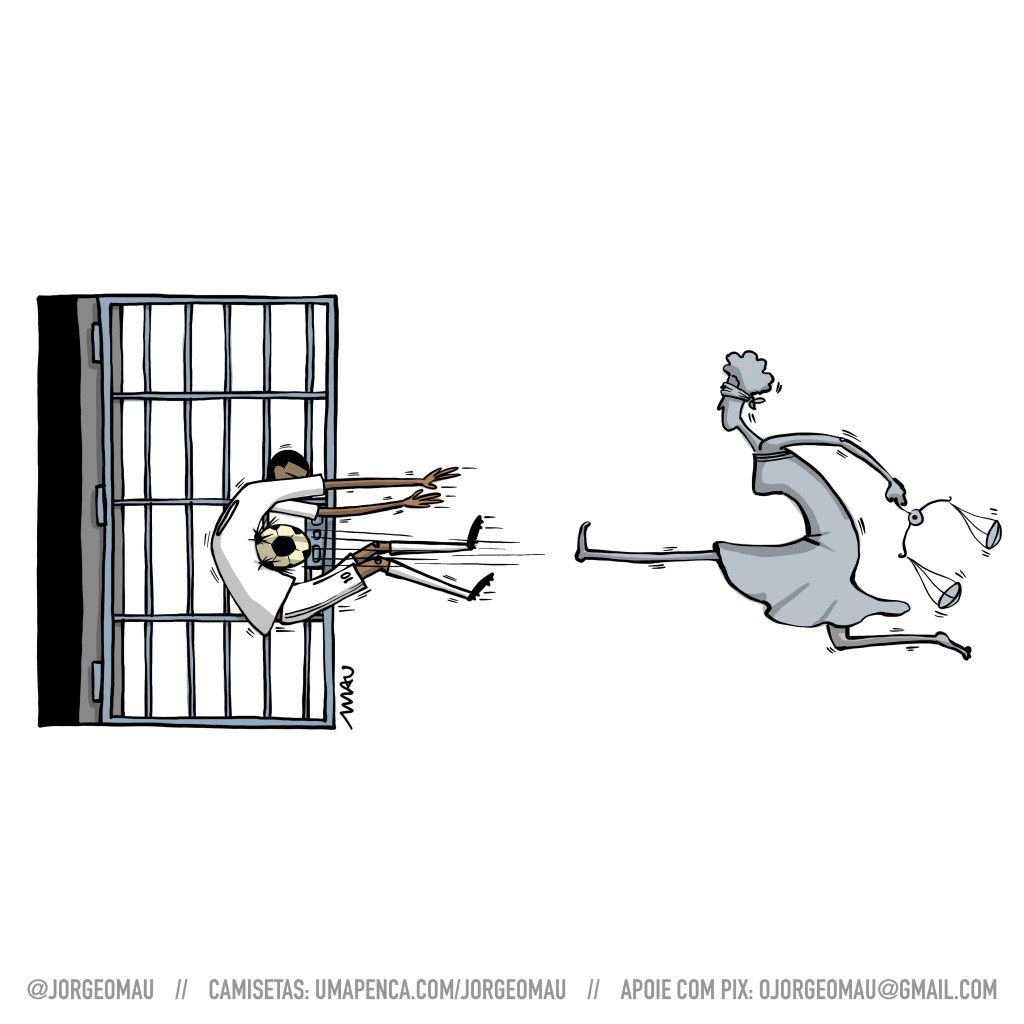 charge - Do lado esquerdo há uma porta de cela aberta, do lado direito a justiça, olhos vendados e segurando sua balança. Ela dá um chutaço numa bola que atinge em cheio o estômago de um jogador, que veste uniforme branco com o número 10 estampado, arremessando-o para o interior da cela.