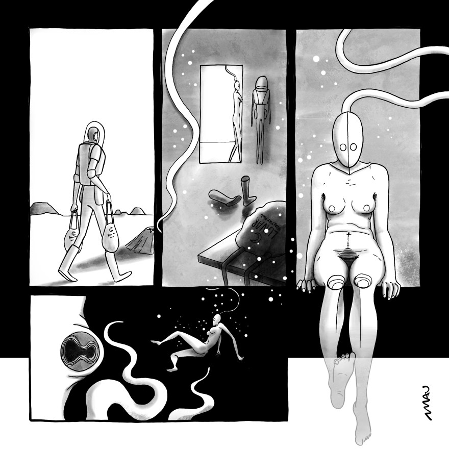quadrinho em quatro quadros - 1º quadro, uma mulher, vestindo um traje pressurizado com capacete transparente, caminha por uma paisagem desolada carregando sacolas de compra. 2º quadro, a mulher, nua e usando uma máscara conectada a um tubo, entra por uma porta ao fundo de outro ambiente. No primeiro plano da pra ver as sacolas sobre numa mesa e suas botas jogadas no chão, entre a mesa e a porta. 3º quadro, ela está de frente, sentada com os pés dentro da água, pronta para mergulhar. 4º quadro, ela está dentro d’água e encara o olho de um enorme cefalópode.