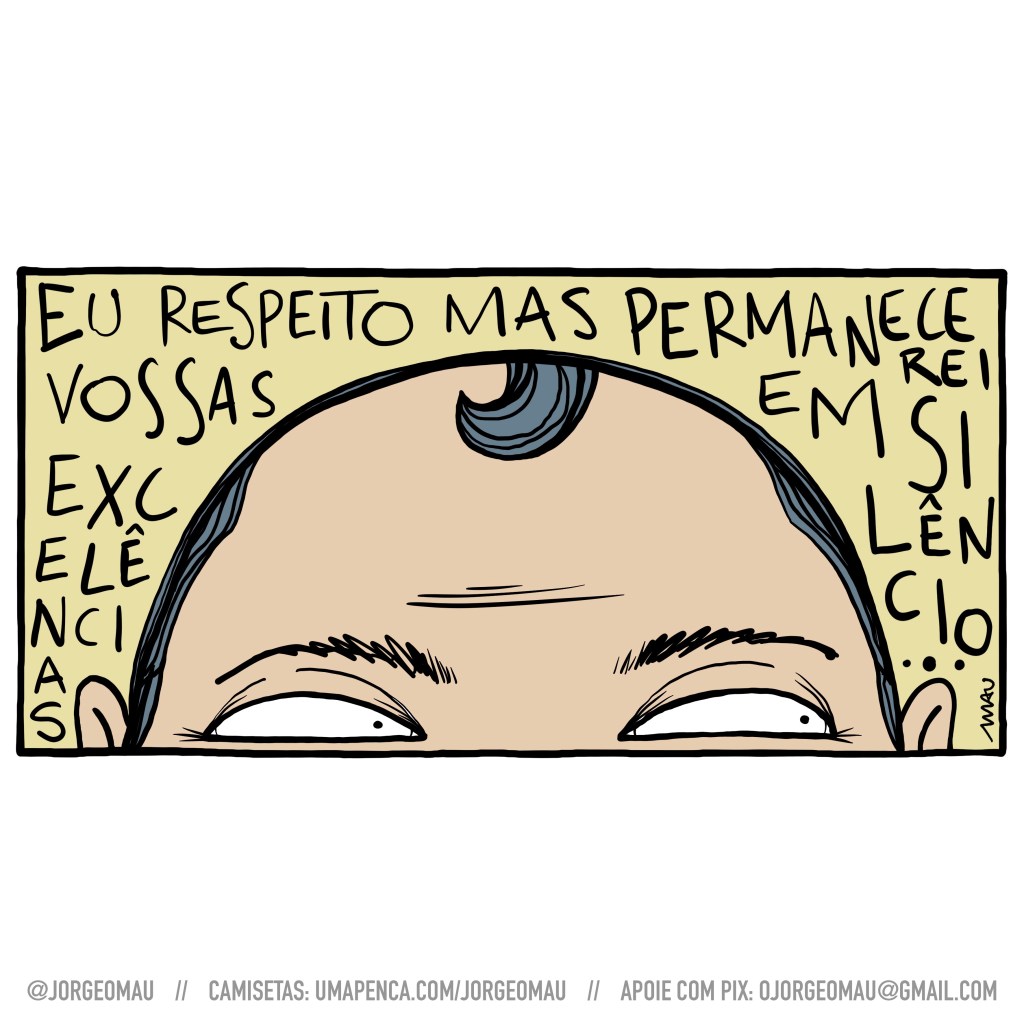 charge - uma cabeça, que aparece dos olhos para cima, com um “pega rapaz” que desce pela testa e olhos de riso. a sua volta lê-se: eu respeito vossas excelências, mas permanecerei em silêncio…