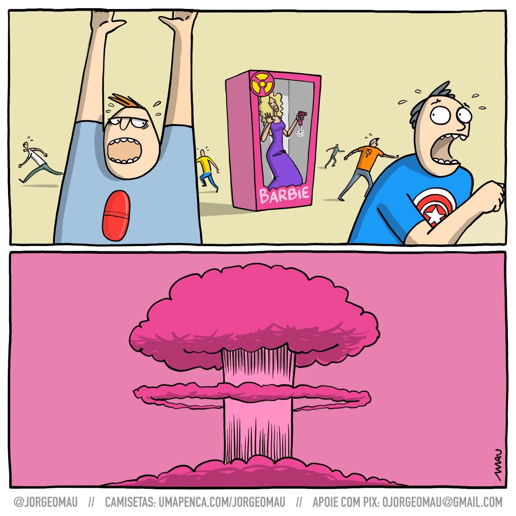charge em dois quadros - 1º quadro, no centro do quadro há uma embalagem de barbie, toda rosa, com um símbolo nuclear onde estaria o logo da fabricante. Dentro da caixa, uma barbie loira com vestido roxo, gargalha e segura um detonador remoto. Em volta da caixa homens fogem. No primeiro plano dois deles estão desesperados, um veste uma camiseta com uma pílula vermelha estampada e o outro, uma com o símbolo do capitão américa estampado no peito. 2º quadro, num fundo rosa, um cogumelo nuclear de fumaça rosa se ergue do chão.