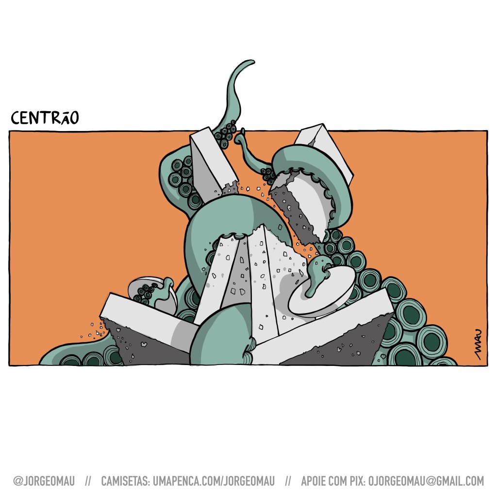 charge - Sob o título “centrão”, o prédio do congresso nacional é destruído pelos tentáculos esverdeados do kraken, que puxa os destroços para o fundo.