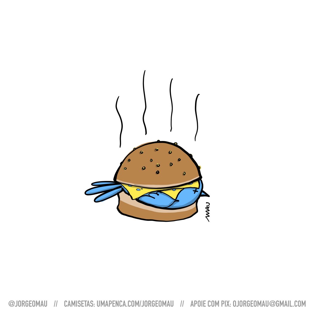 charge - Num pão de hambúrguer, um passarinho azul, com um x no lugar do olho, tem duas fatias de queijo sobre si.