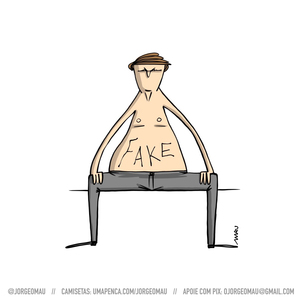 charge - o jair sentado, de calças e sem camisa, com as mãos no joelho. No lugar da cicatriz a palavra “fake”.