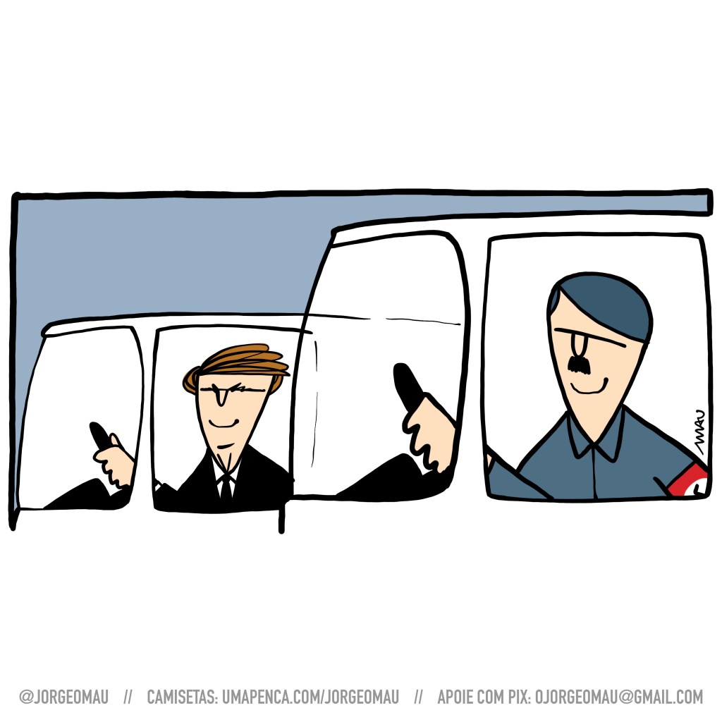 Charge - duas vans andam lado a lado, close nos motoristas. No volante da van que está no segundo plano está o jair e na que está em primeiro plano, o adolf. Eles sorriem.