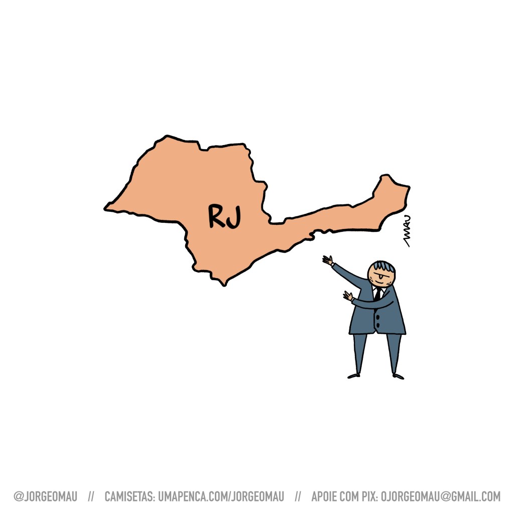 charge - tarciso mostra um mapa, identificado como “RJ”, onde estão fundidos os mapas do RJ e de SP.