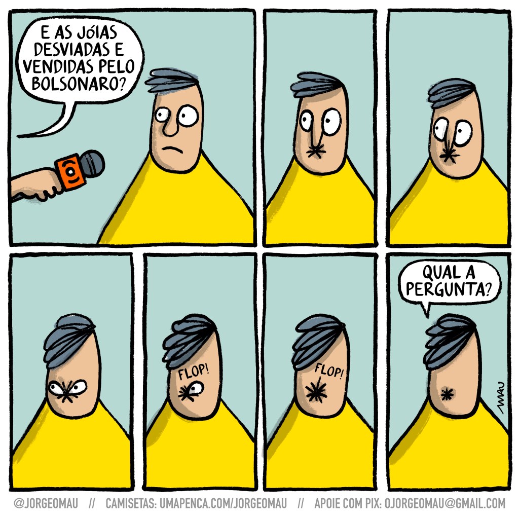 charge em sete quadros - 1º quadro, um repórter, só aparece sua mão e o microfone, pergunta para um patriota: e as jóias desviadas e vendidas pelo bolsonaro? quadros 2, 3, 4, 5 e 6, mostram uma sequência onde o nariz e os olhos do sujeito são tragados pela boca. 7º quadro, sem rosto, apenas com um orifício no lugar da boca ele responde: qual a pergunta?