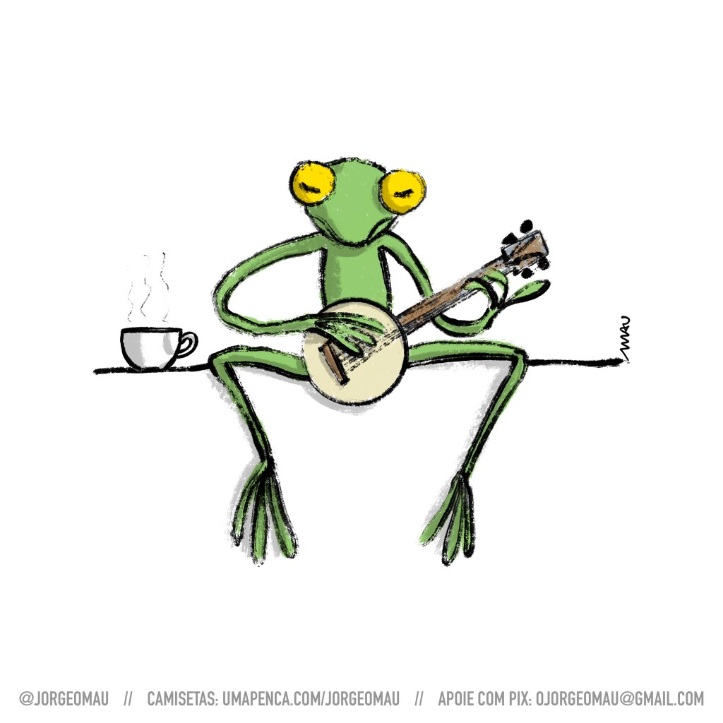 cartum - uma releitura do Caco, o sapo, (Kermit, the frog), sentado, tocando seu banjo ao lado de uma xícara de café. Ele é um sapo de pernas e braços finos e compridos, verde e com grandes olhos amarelos.