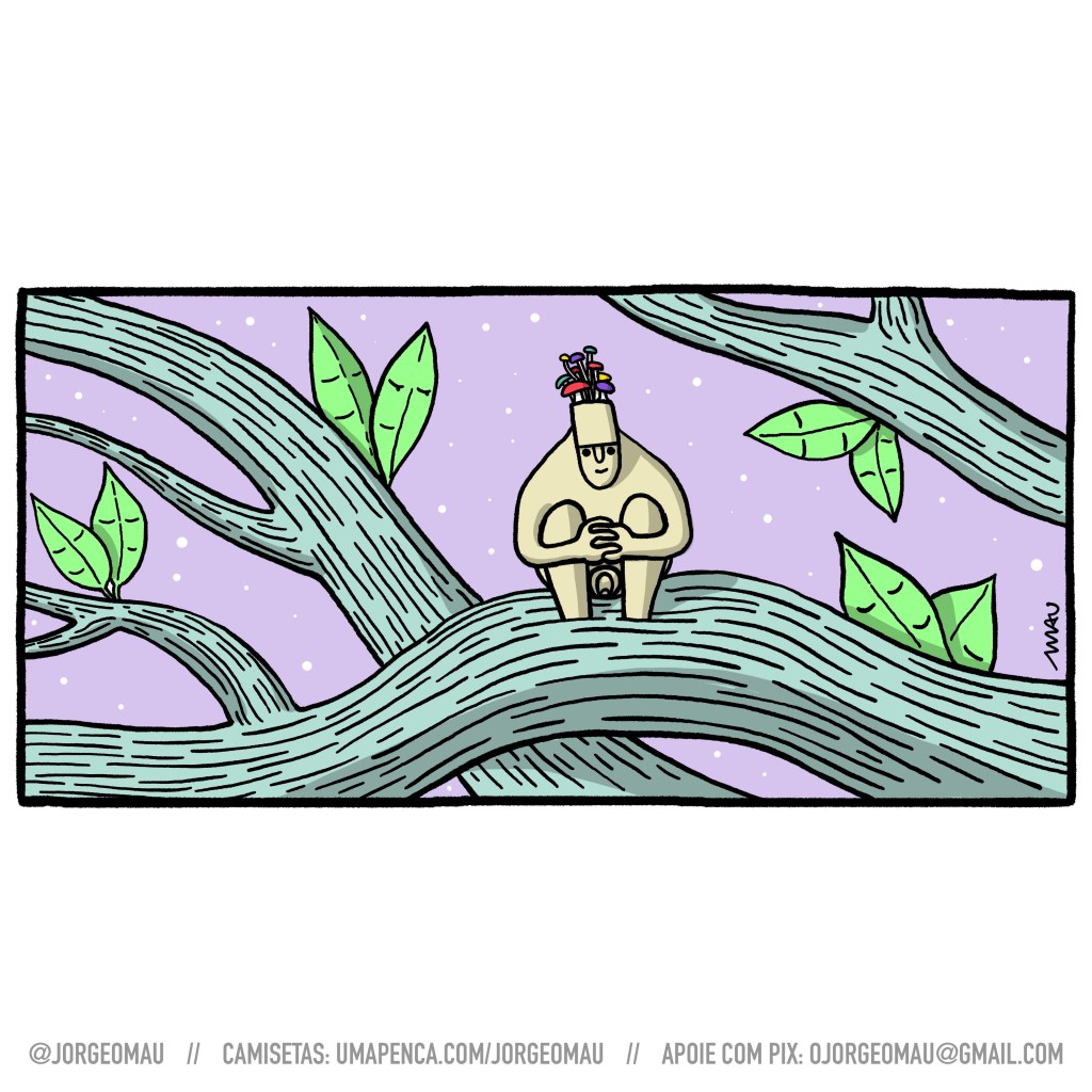 cartum - sobre o galho de uma árvore é rodeado por outros galhos, um homem nu está sentado, abraçando os joelhos. Suas pernas brotam da madeira e em sua cabeça há cogumelos coloridos. Os galhos a sua volta tem folhas que parecem estar dormindo e ao fundo o céu é lilás e cheio de estrelas.