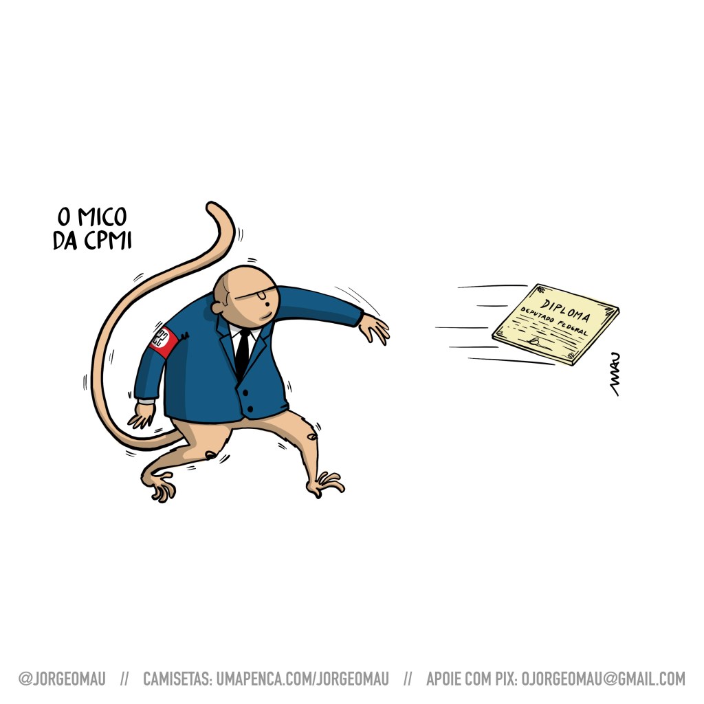 charge - sob o título “o mico da cpmi”, um mico com a cara do deputado abílio, vestindo terno, com uma faixa vermelha no braço, onde se lê “22”, joga seu diploma de deputado como se fosse cocô. 